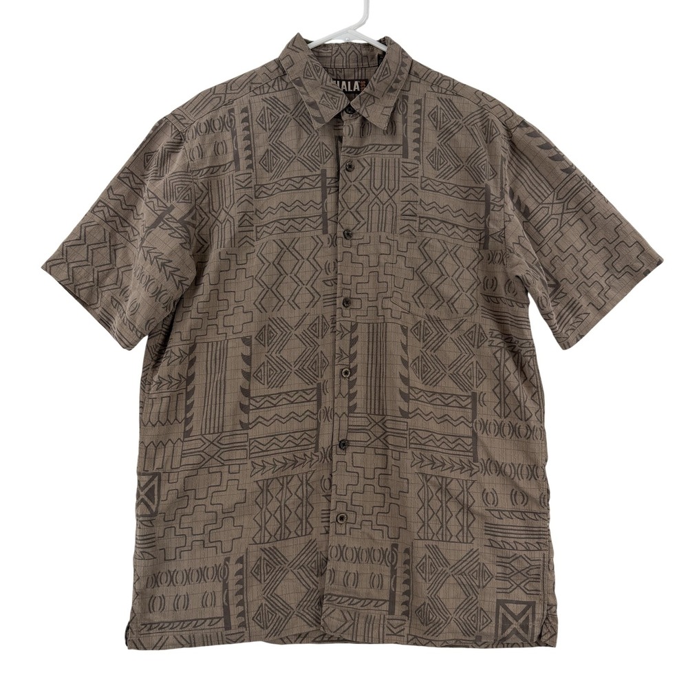 Kahala Shirt Mens Medium Brown Geometric Hawaiian‎ Short Sleeve Button Up Tribal